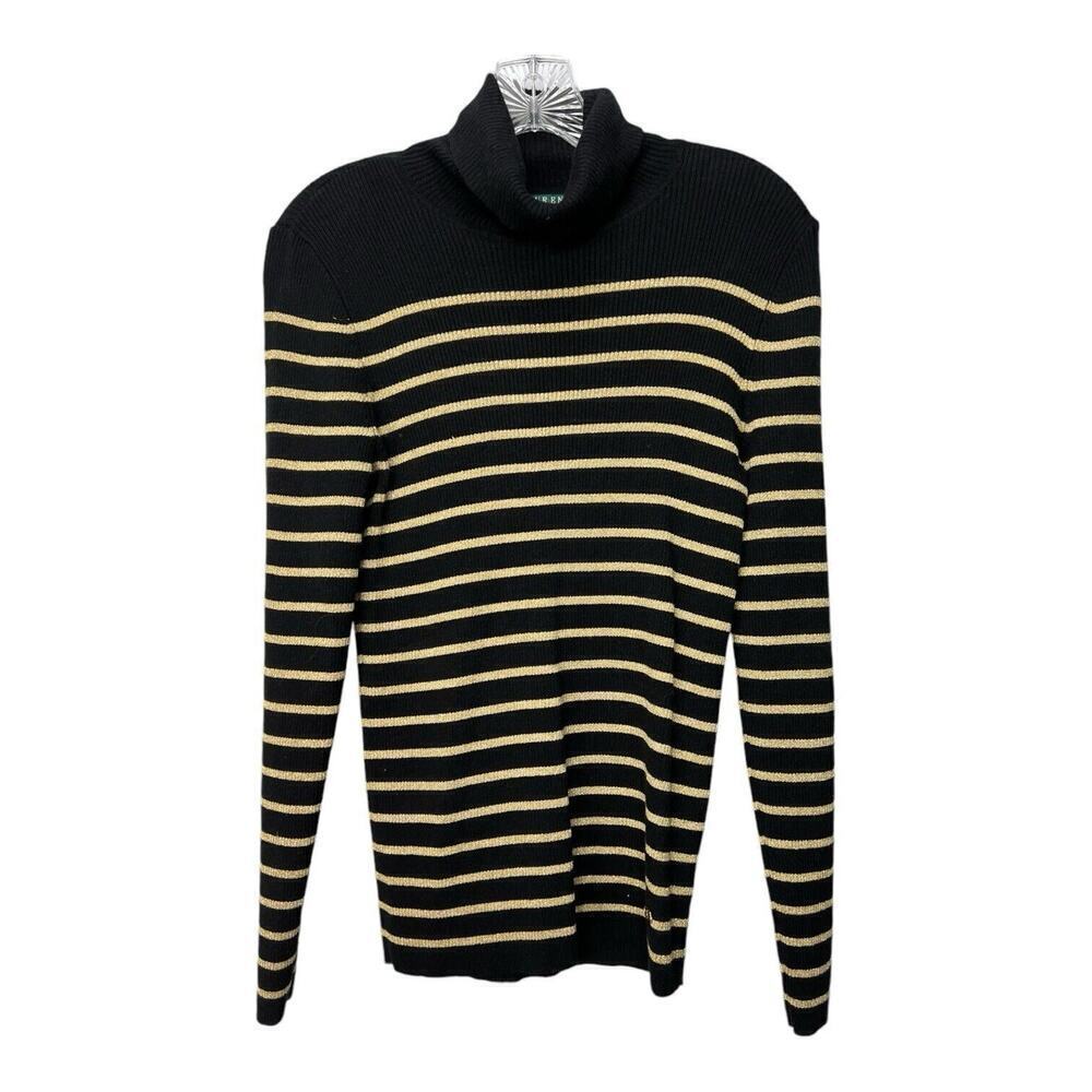 Ralph Lauren Ribbed Sweater Women’s Metallic Gold Black Turtle Neck Size Large